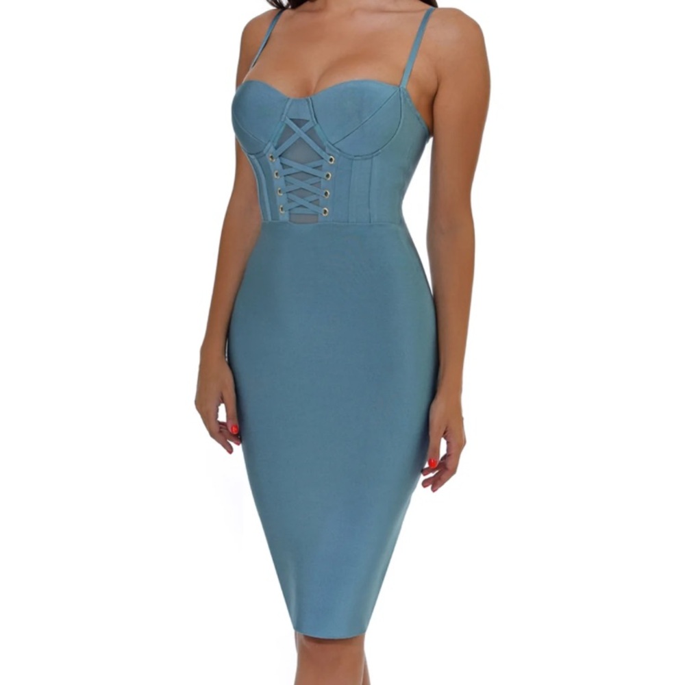 Nwt Corset Bustier Teal Sexy Evening Stretch Bodycon Knee-length Dress large